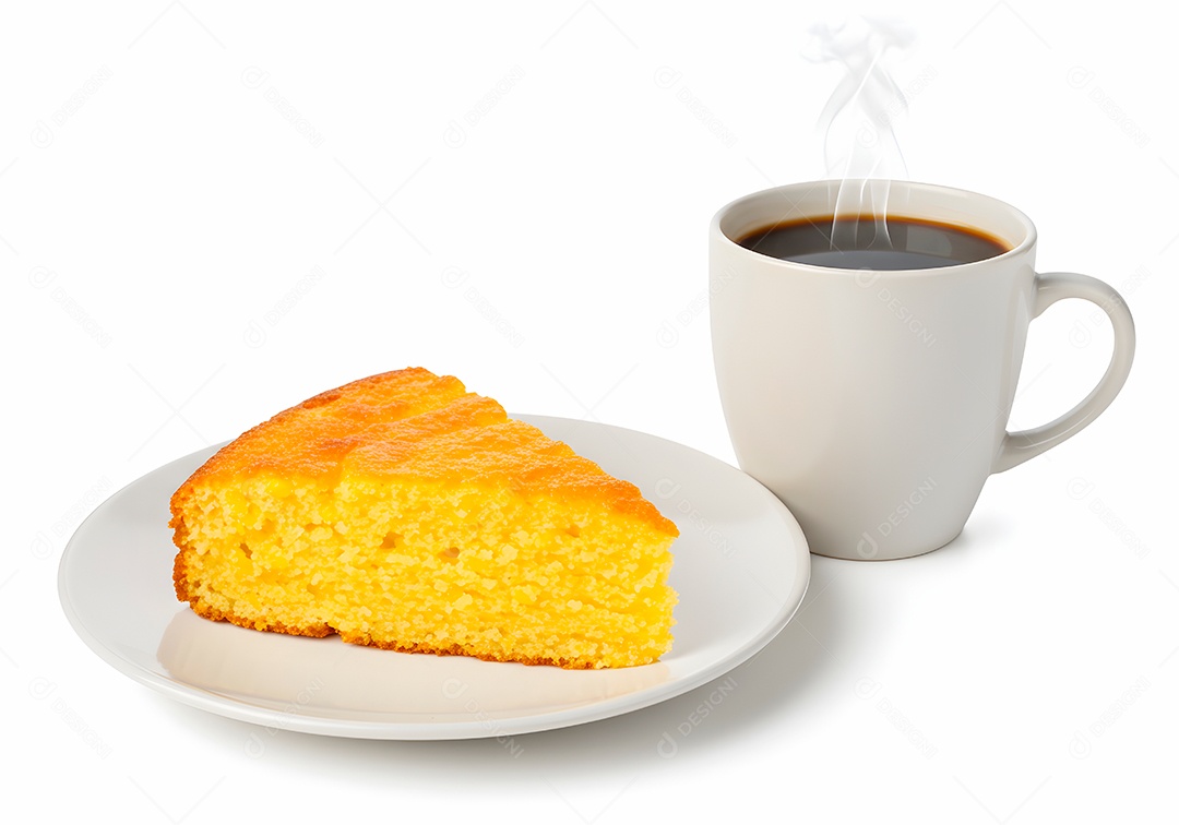 Bolo de cénoura em um prato acompanhando com café quentinho sobre fundo branco isolado