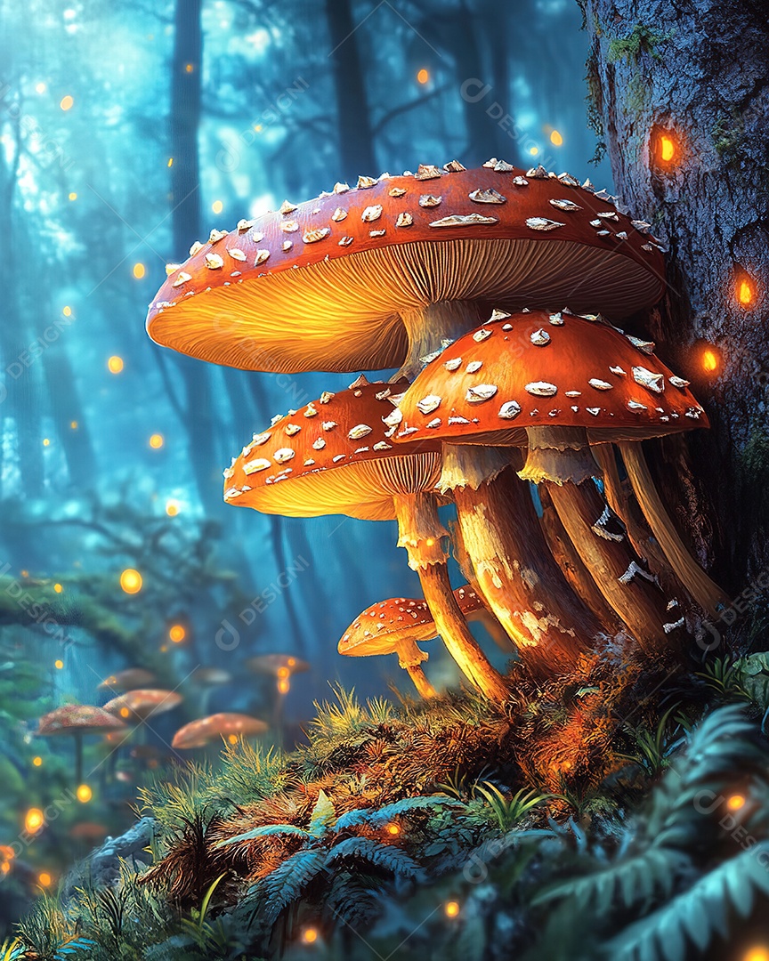 Cogumelos mágicos na floresta