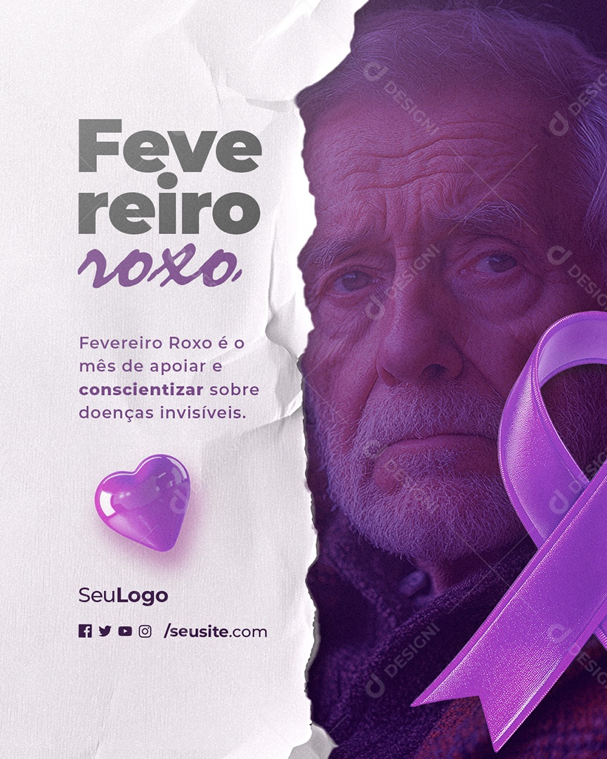 Fevereiro Roxo Mês de Apoiar e Conscientizar Sobre Doenças Invisíveis Social Media PSD Editável