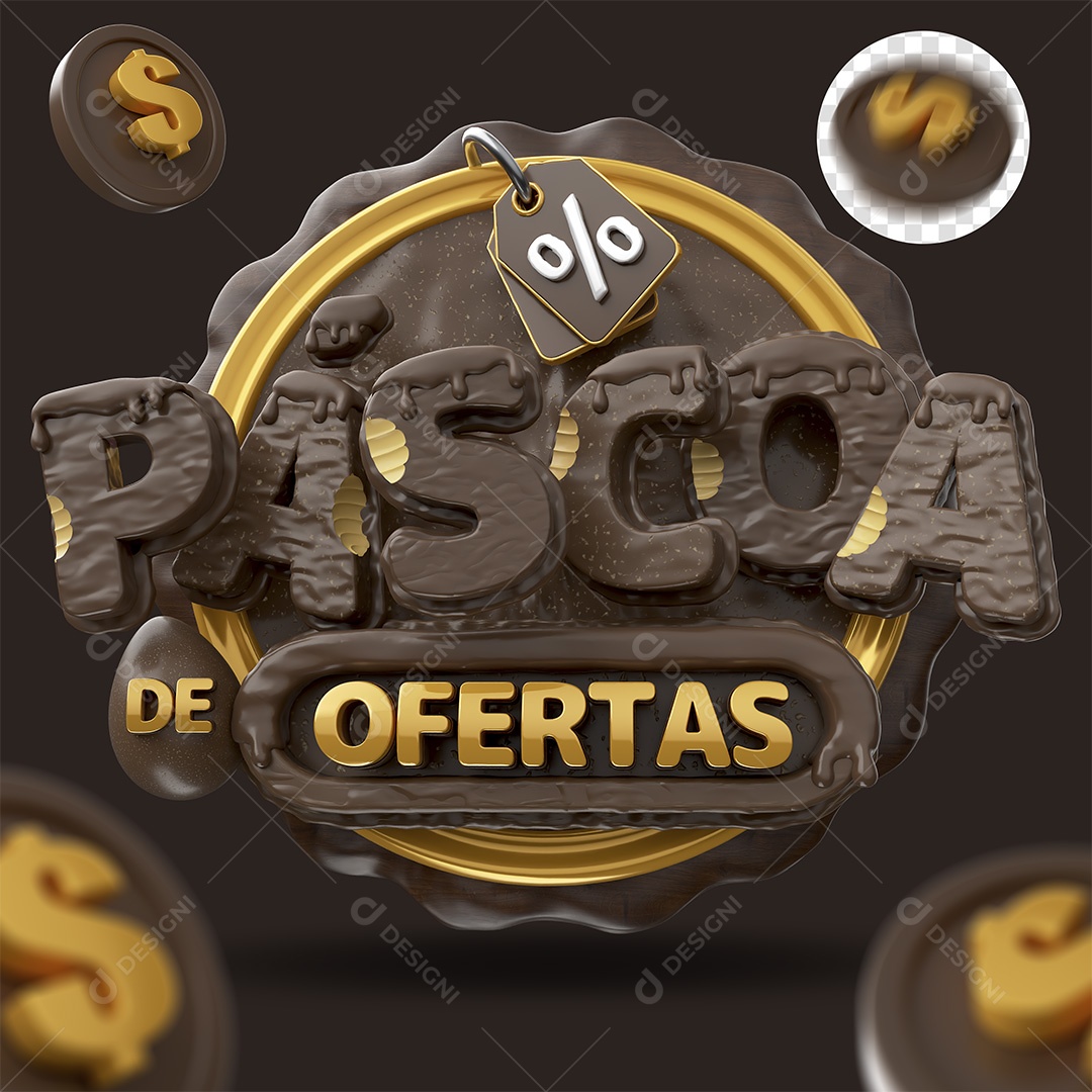 Páscoa De Ofertas Selo 3D Marrom e Dourado para Composição PSD