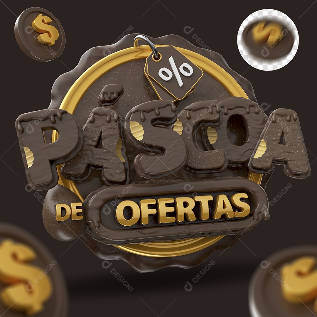 Páscoa De Ofertas Selo 3D Marrom e Dourado para Composição PSD