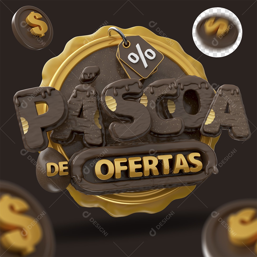 Páscoa De Ofertas Selo 3D Marrom e Dourado para Composição PSD
