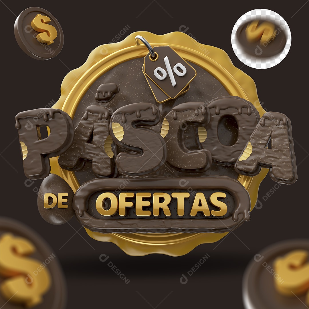 Páscoa De Ofertas Selo 3D Marrom e Dourado para Composição PSD