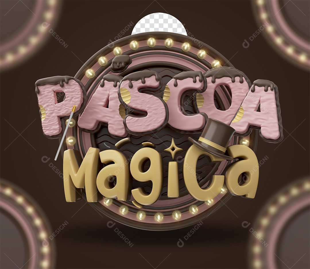 Páscoa Mágica Selo 3D Rosa e Dourado para Composição PSD