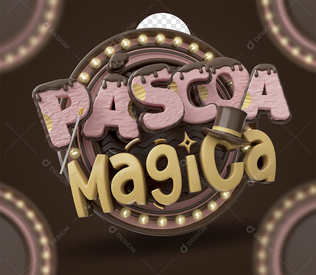 Páscoa Mágica Selo 3D Rosa e Dourado para Composição PSD