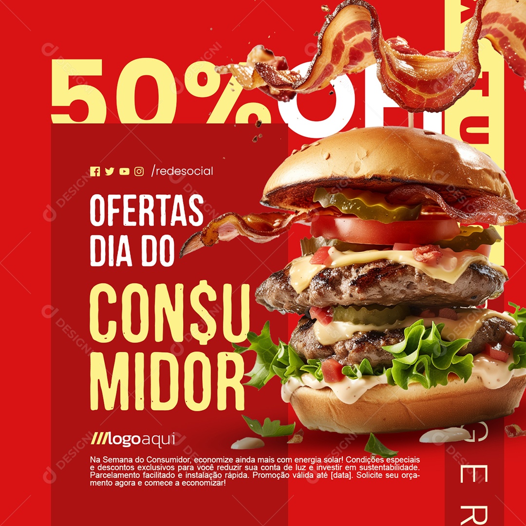Hamburgueria Ofertas Dia do Consumidor Hambúrguer Social Media PSD Editável