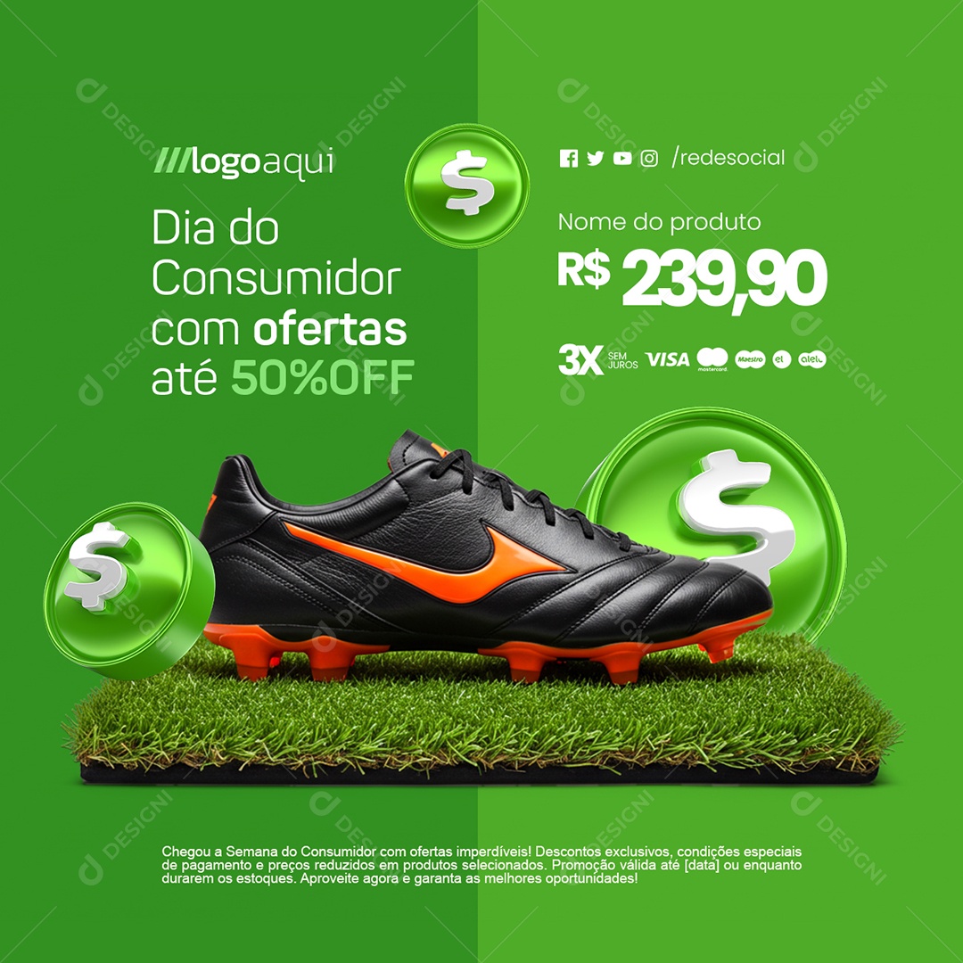 Loja de Esportivo Dia do Consumidor Chuteira Ofertas Social Media PSD Editável