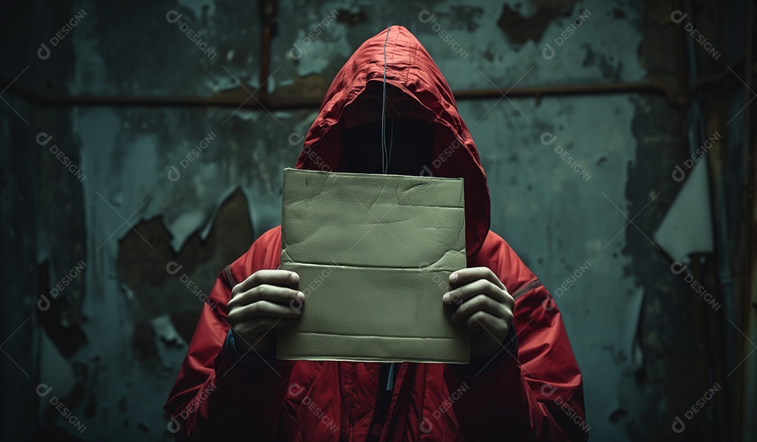 Uma figura misteriosa encapuzada com jaqueta vermelha segura um pedaço de papelão
