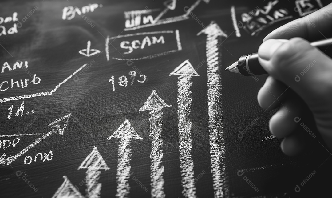 Imagem em preto e branco mostra uma mão desenhando gráficos financeiros