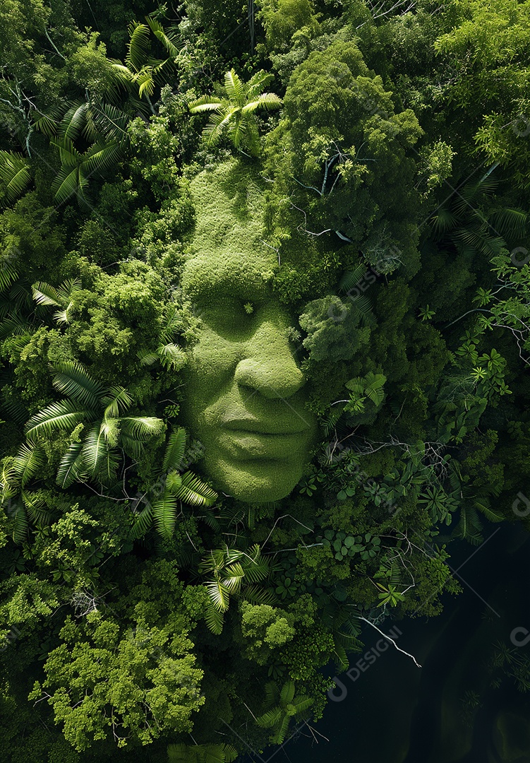 Vista aérea de uma floresta verdejante com formato que lembra um rosto humano