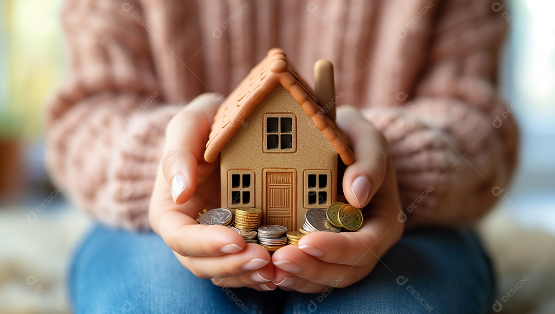 Uma mulher segura uma pequena casa nas mãos investimento imobiliário