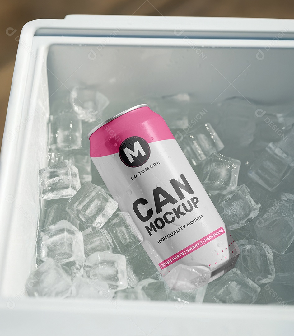 Mockup Lata em Caixa com Gelo PSD Editável