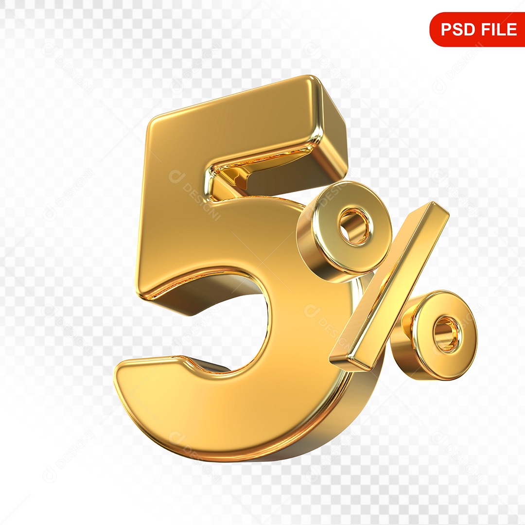 Elemento 3D Número 5% Dourado Para Composição PSD