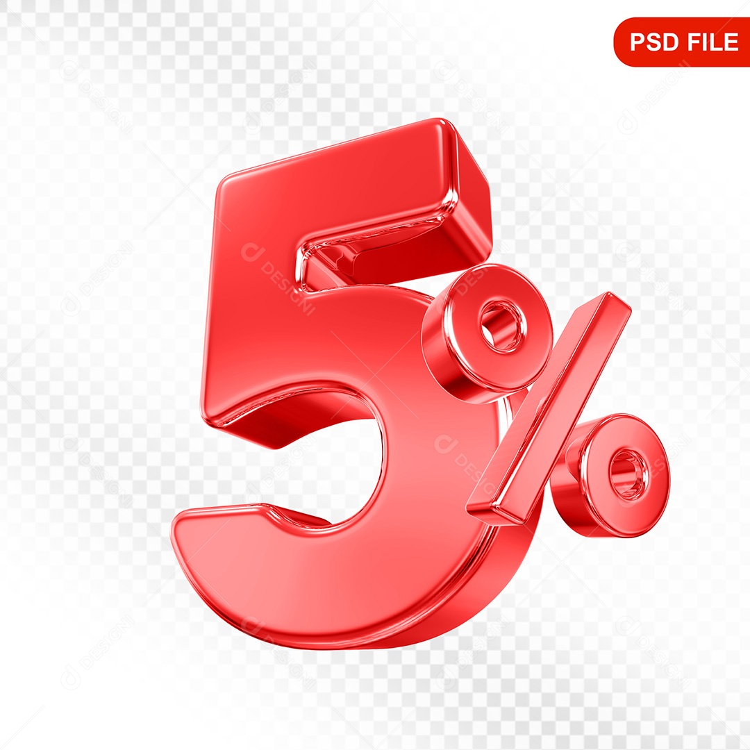 Elemento 3D Número 5% Vermelho Para Composição PSD