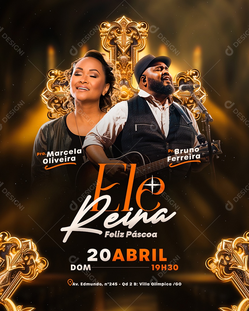 Flyer Gospel Ele Reina Feliz Páscoa Social Media PSD Editável