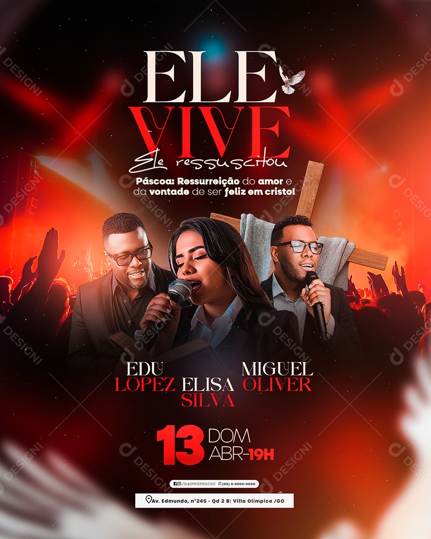 Flyer Gospel Ele Vive Ele Ressuscitou Social Media PSD Editável