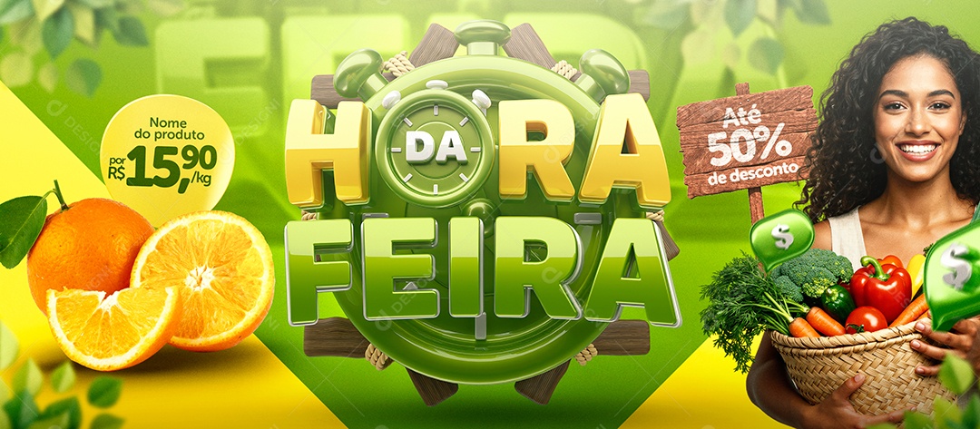 Banner Hortifruti Hora Da Feira Laranja Social Media PSD Editável