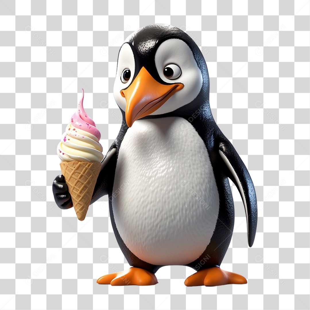 Pinguim com Casquinha de Sorvete PNG Transparente