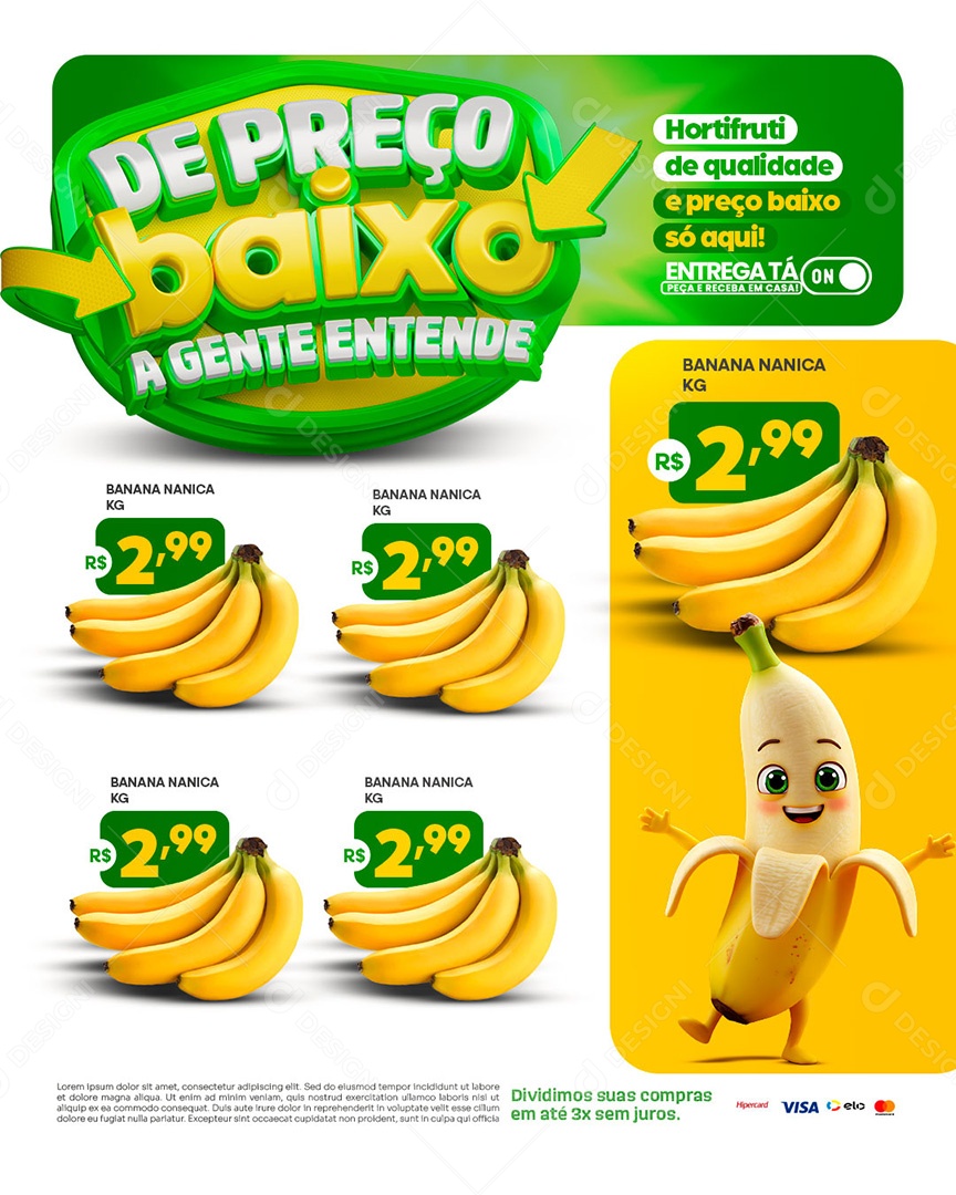 Encarte de Preço Baixo a Gente Entende Hortifruti Social Media PSD Editável