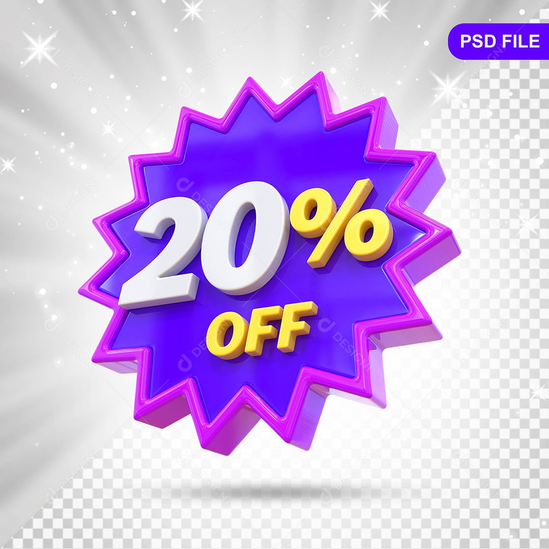 Elemento 3D Azul e Roxo 20% Off Para Composição PSD