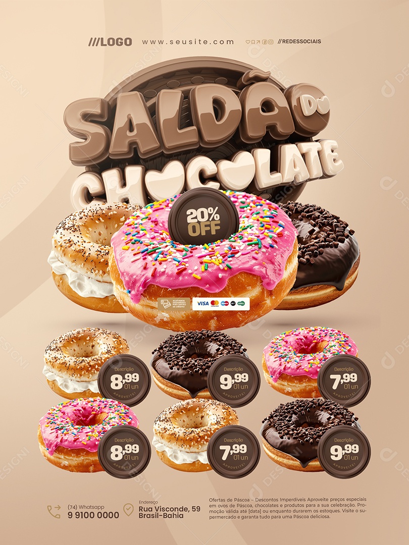 Saldão Do Chocolate Doceria Donuts Encarte 20% Off Social Media PSD Editável