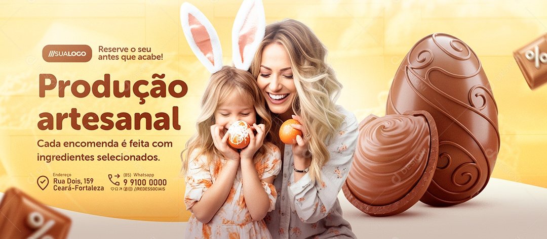 Banner Doceria Páscoa Ovos de Páscoa Produção Artesanal Social Media PSD Editável