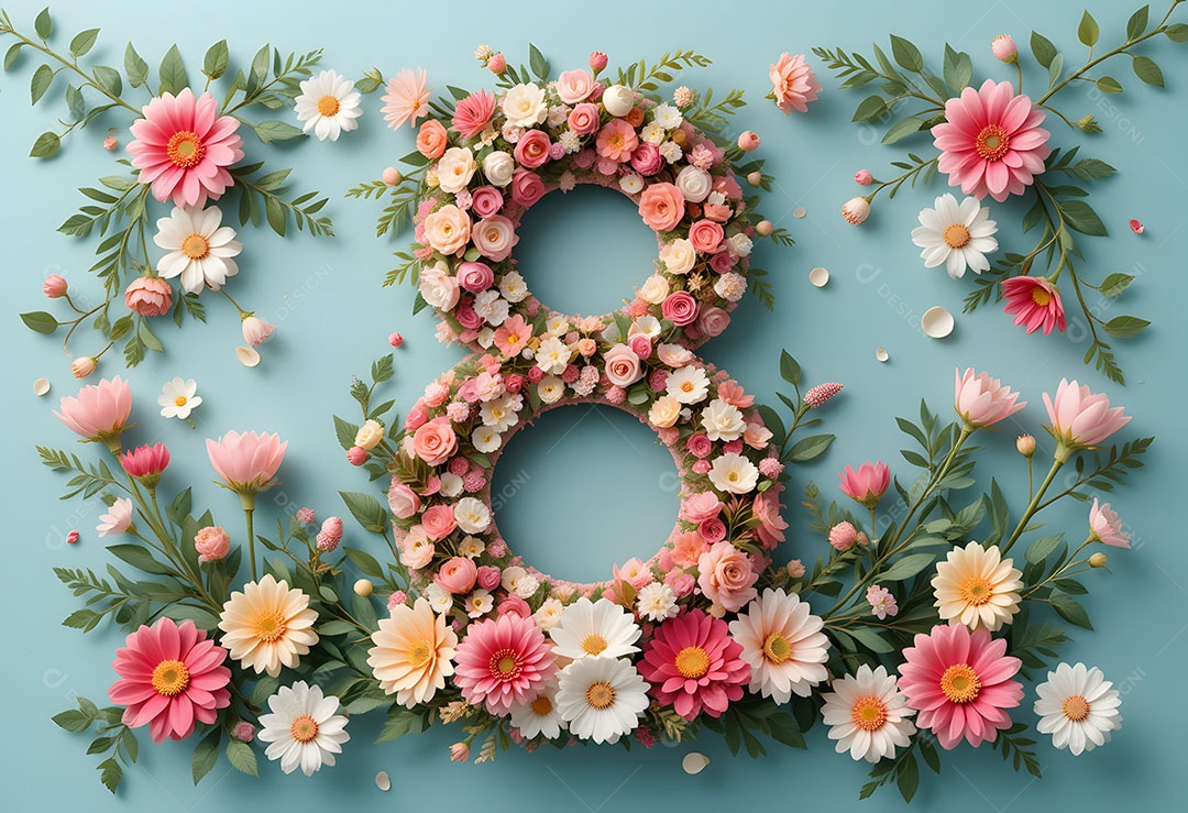 Número oito floral colorido sobre fundo rosa