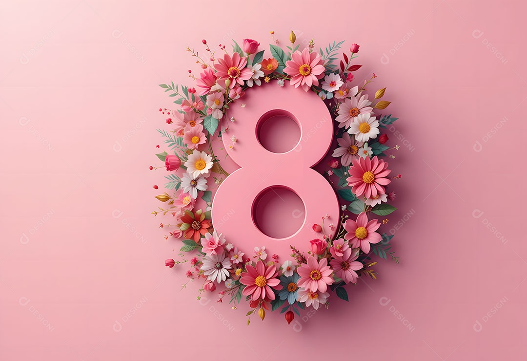 Número oito com aro floral colorido sobre fundo rosa
