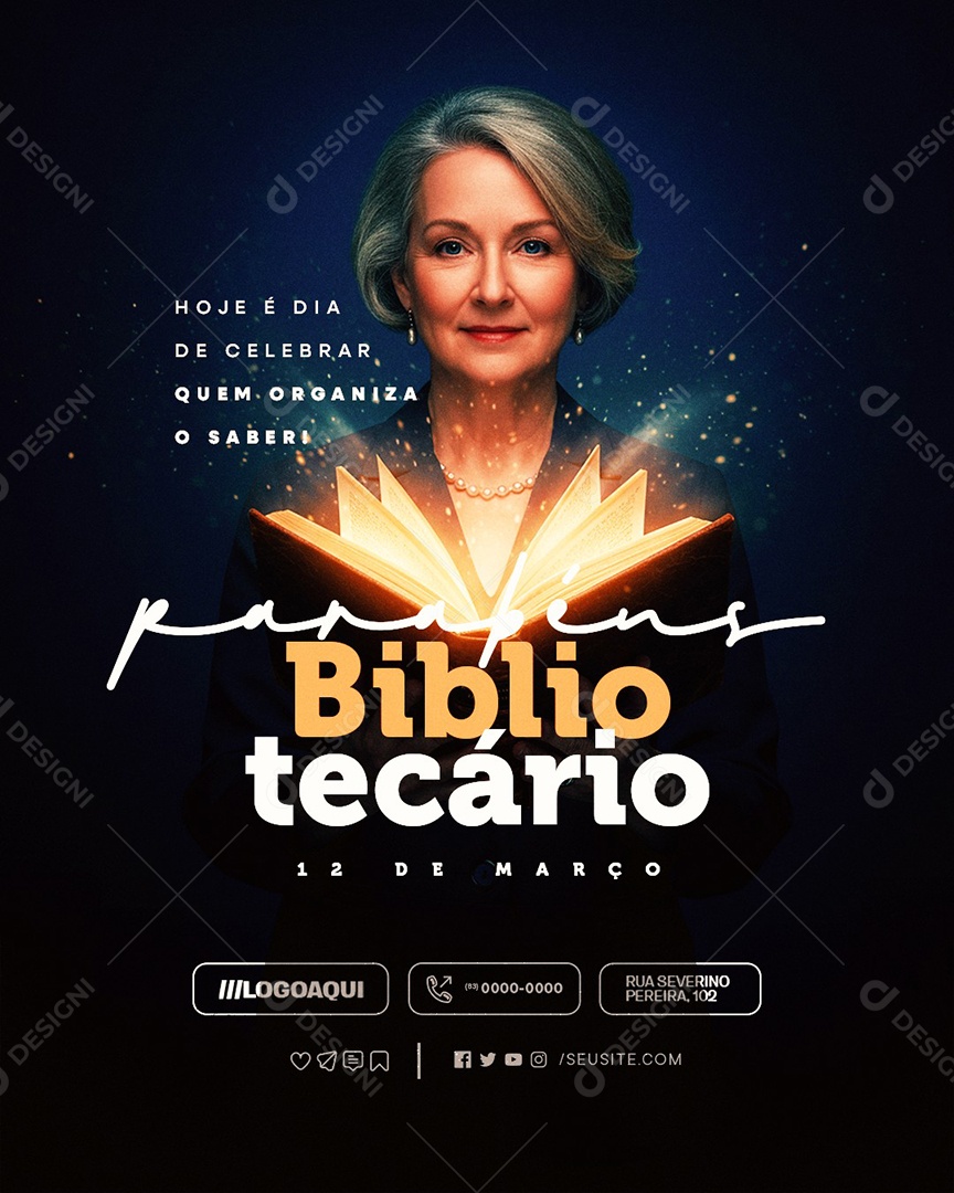 Dia do Bibliotecário 12 de Março Parabéns Social Media PSD Editável