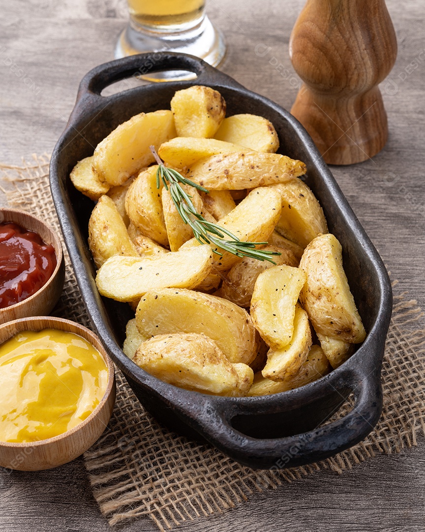 A imagem mostra batatas rústicas assadas