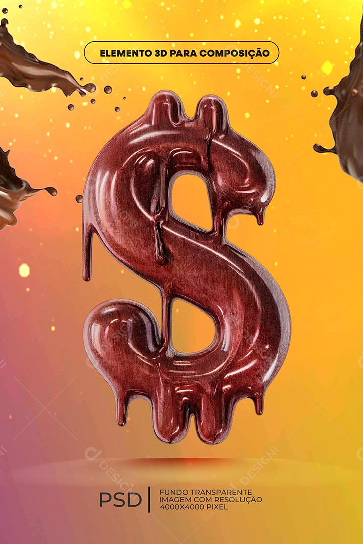 Cifrão de Chocolate Elemento 3D Para Composição PSD
