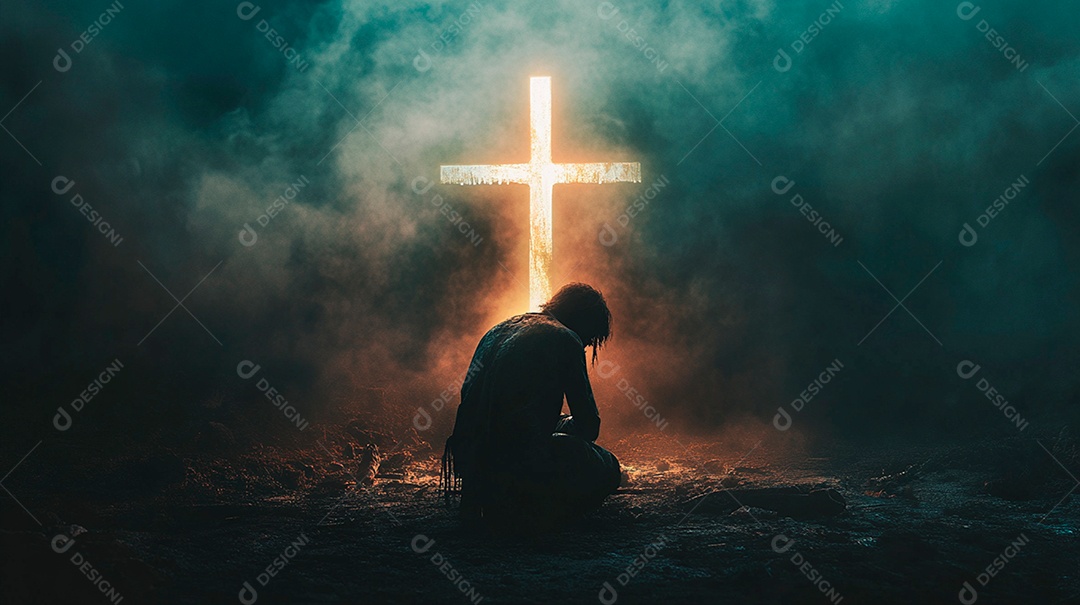 Uma pessoa ajoelhada e rezando em frente a uma cruz