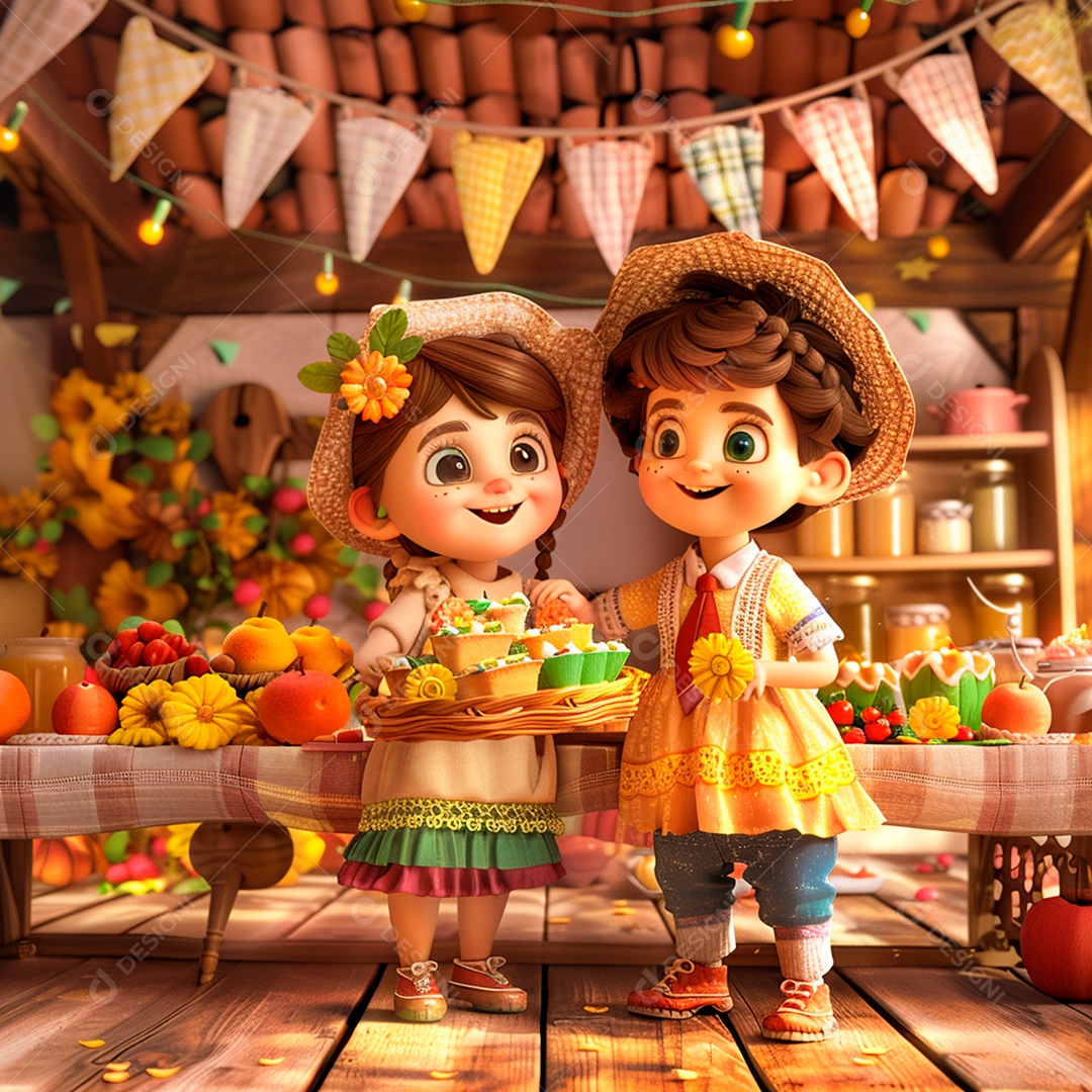 Desenho animado de duas crianças em festa de são joão brasil