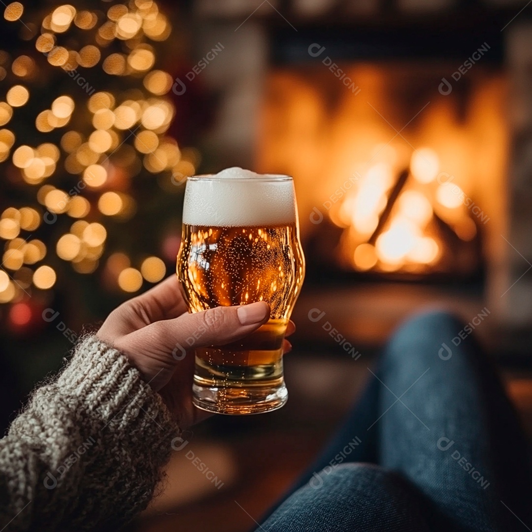 Uma pessoa cantando pacificamente tomando uma cerveja época de natal