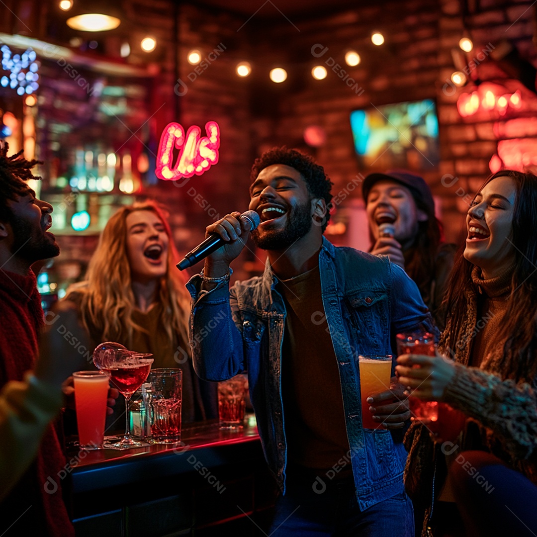 Cena de uma animada noite de karaokê em um bar aconchegante