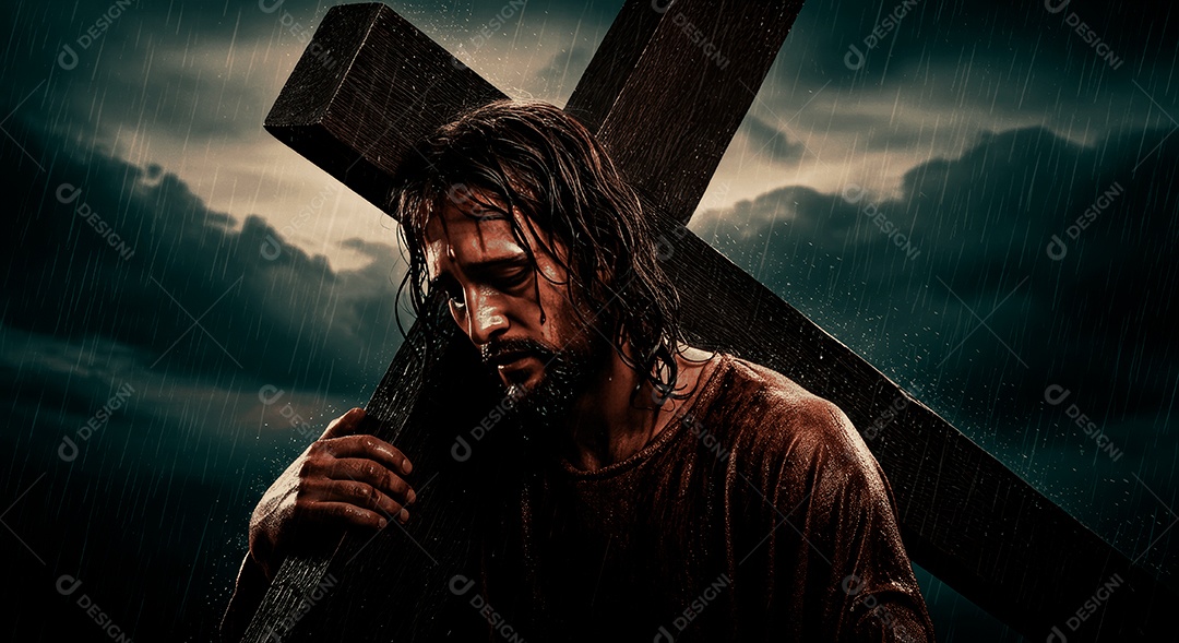 Retrato semelhantes de Jesus Cristo segurando cruz