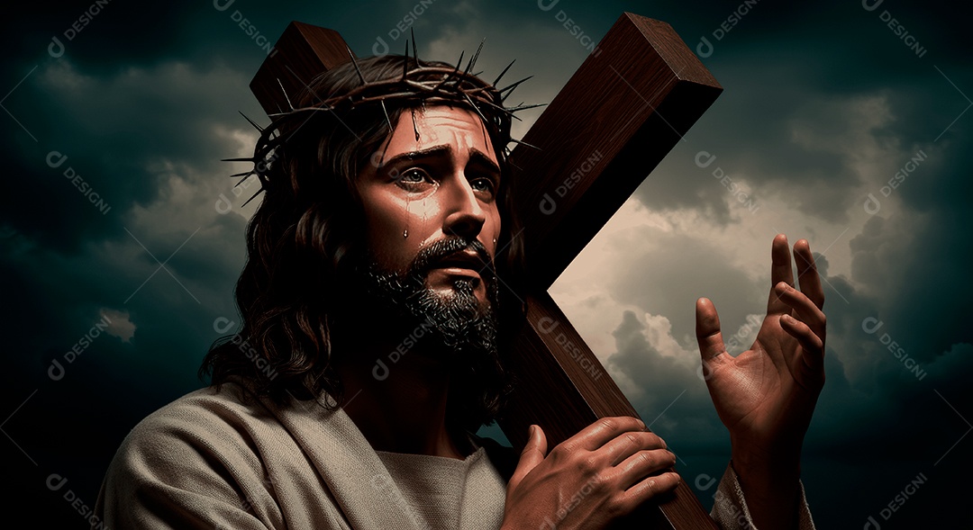 Retrato semelhantes de Jesus Cristo segurando cruz