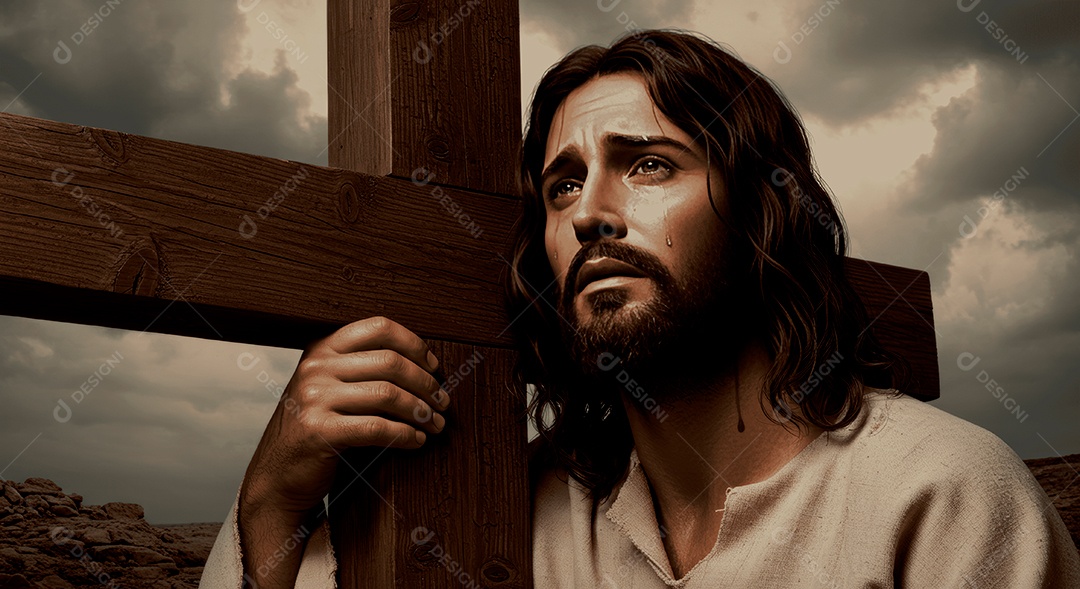 Retrato semelhantes de Jesus Cristo segurando cruz