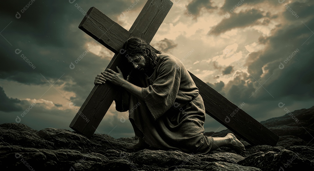 Retrato semelhantes de Jesus Cristo segurando cruz