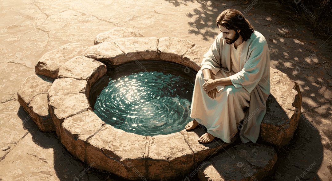 Retrato semelhantes de Jesus Cristo ao lado de poço