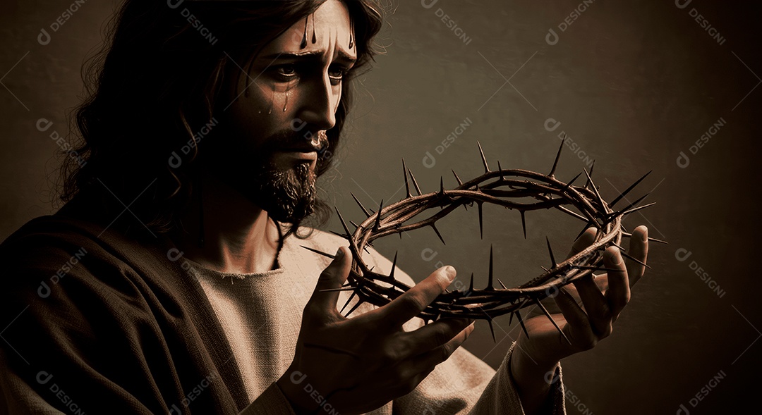 Retrato semelhantes de Jesus Cristo segurando coroa de espinhos