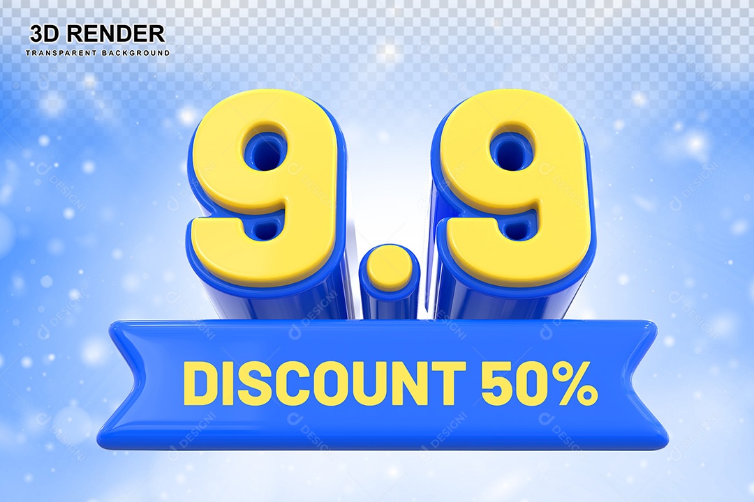 Elemento 3D 9.9 Desconto 50% Azul Para Composição PSD
