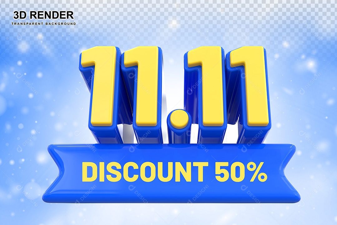 Elemento 3D 11.11 Desconto 50% Azul Para Composição PSD
