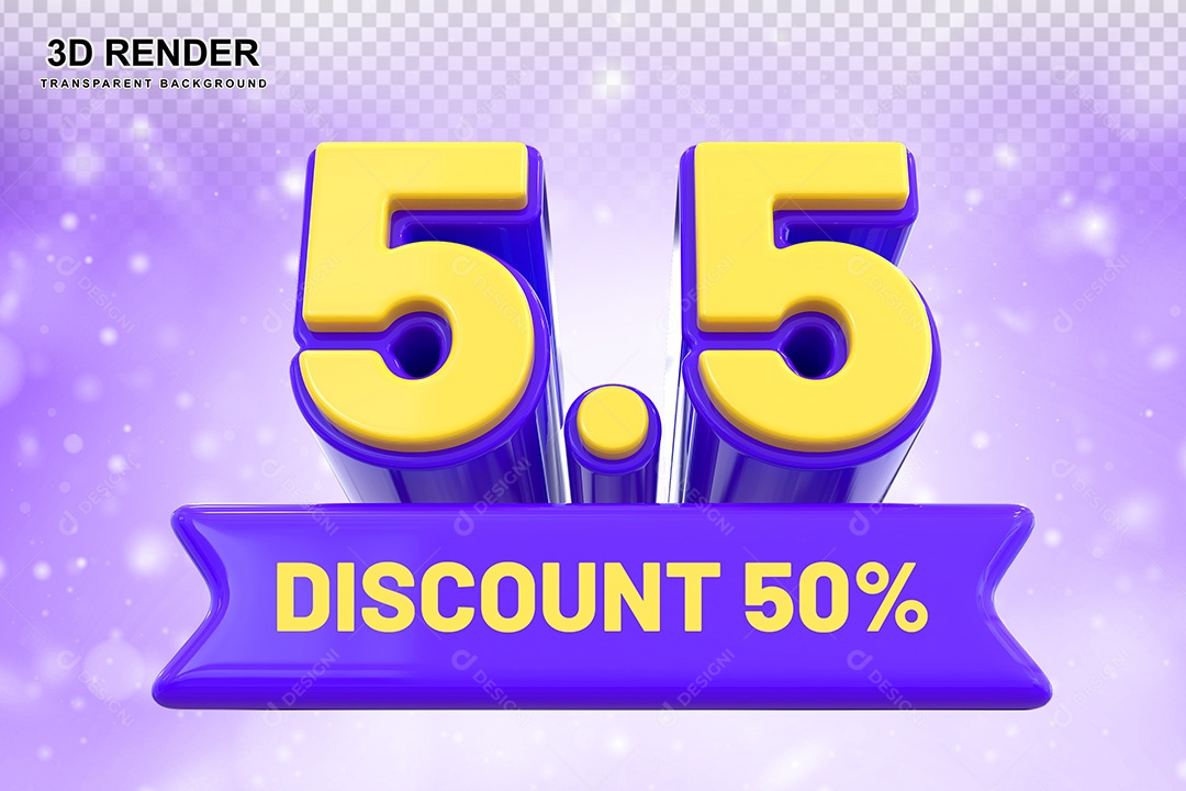 Elemento 3D 5.5 Desconto 50% Roxo e Amarelo Para Composição PSD