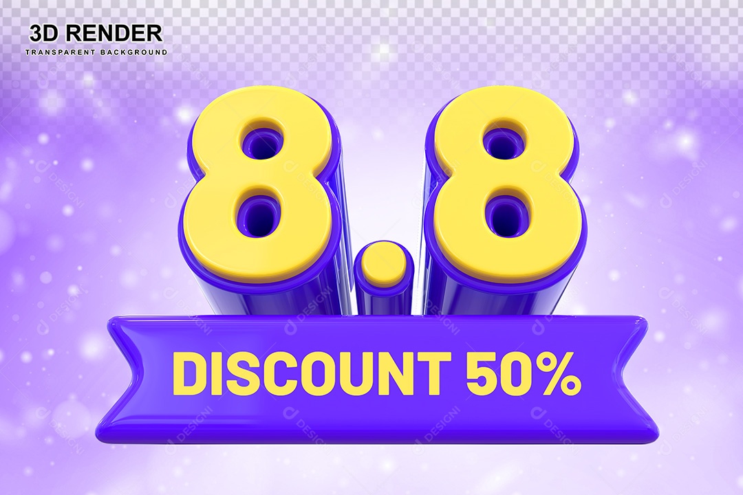 Elemento 3D 8.8 Desconto 50% Roxo e Amarelo Para Composição PSD