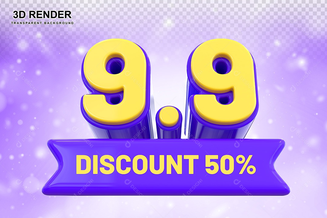 Elemento 3D 9.9 Desconto 50% Roxo e Amarelo Para Composição PSD