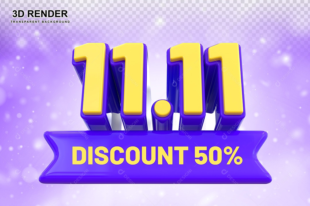Elemento 3D 11.11 Desconto 50% Roxo e Amarelo Para Composição PSD