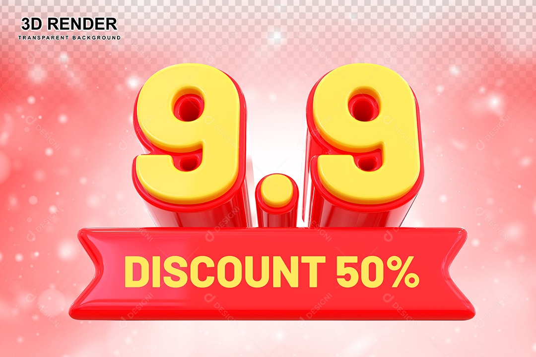 Elemento 3D 9,9 Desconto 50% Vermelho Para Composição PSD
