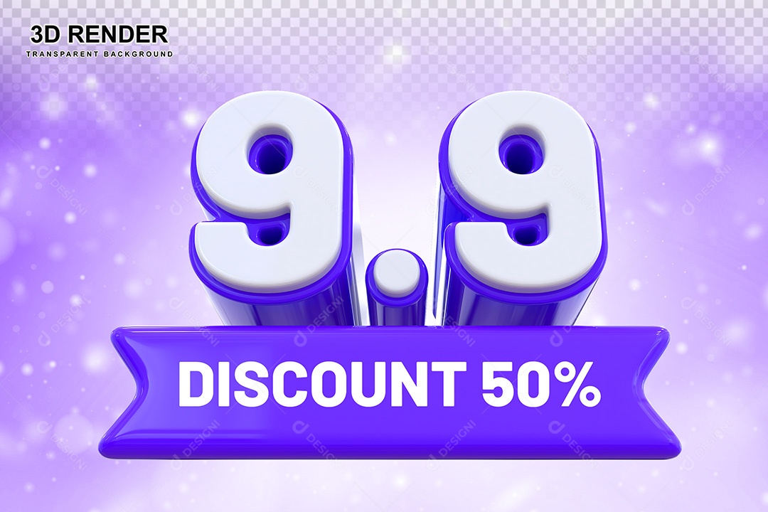 Elemento 3D 9.9 Desconto 50% Roxo Para Composição PSD