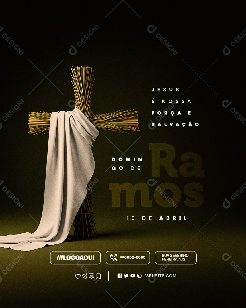 Domingo de Ramos 13 de Abril Força e Salvação Social Media PSD Editável